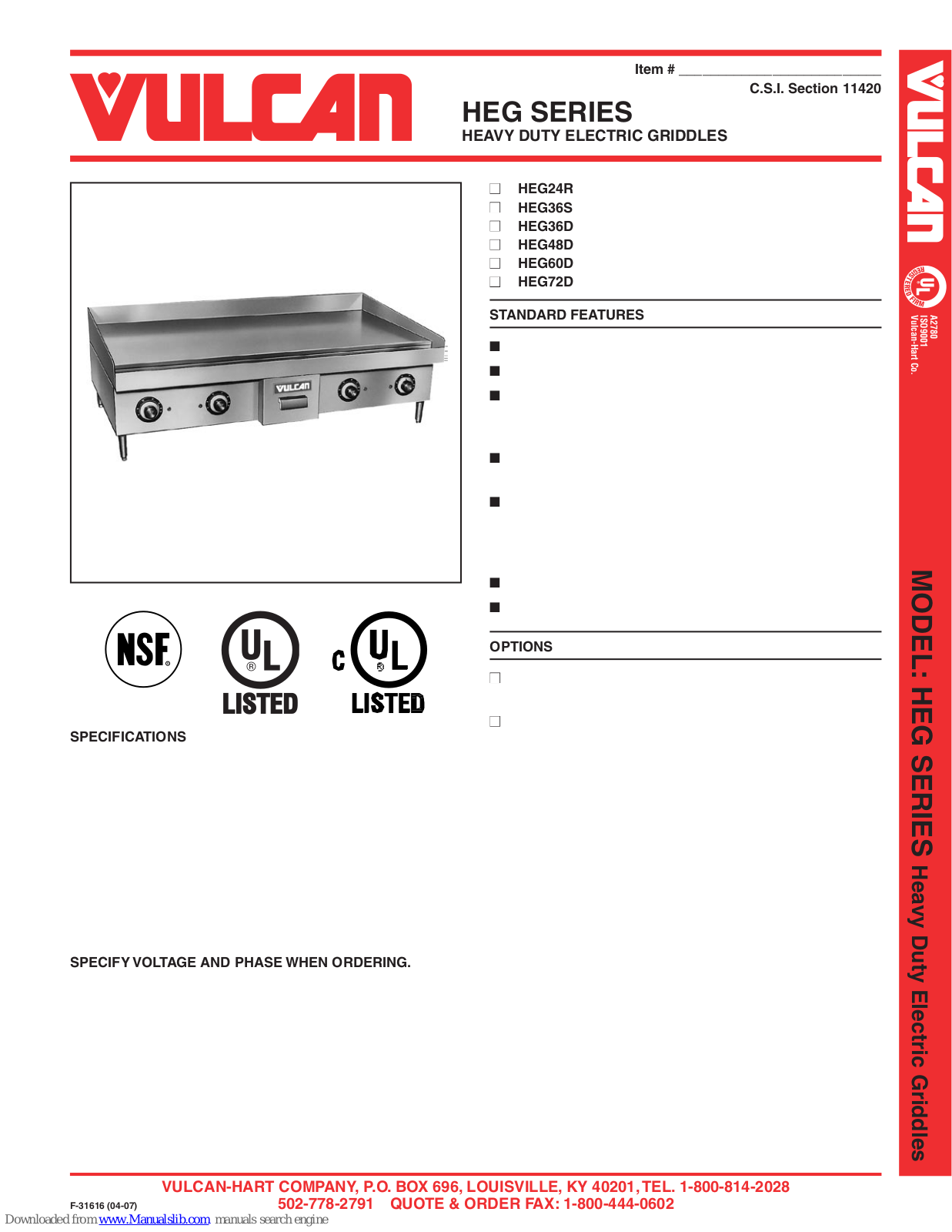 Vulcan-Hart HEG24R, HEG36D, HEG36S, HEG48D, HEG60D Specifications