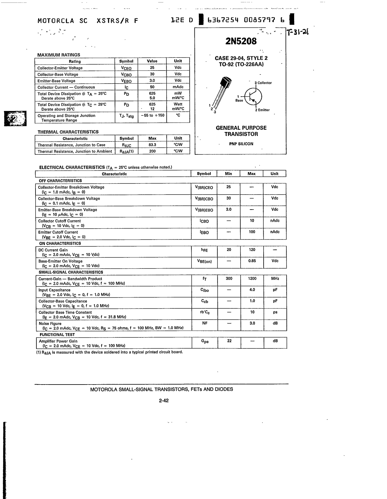 Motorola 2N5208 Datasheet