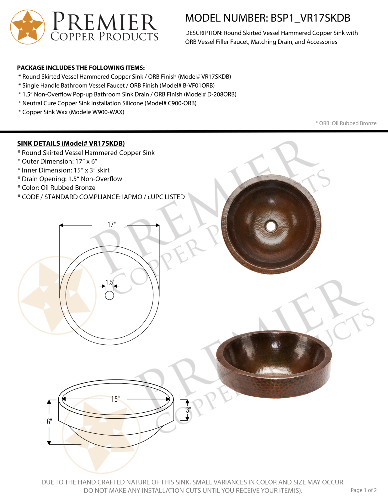 Premier Copper Products IER1440 Specifications - ManualMachine.com