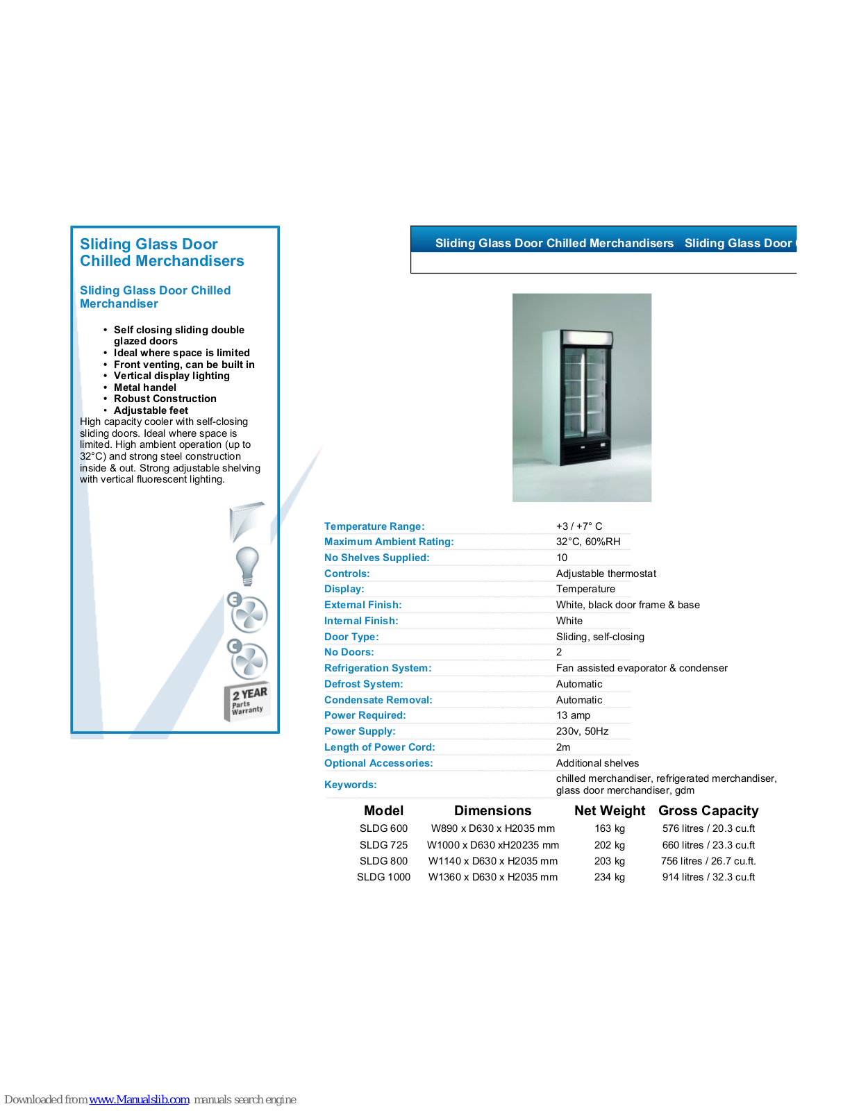 Tefcold SLDG 1000, SLDG 600, SLDG 800, SLDG 725 Datasheet