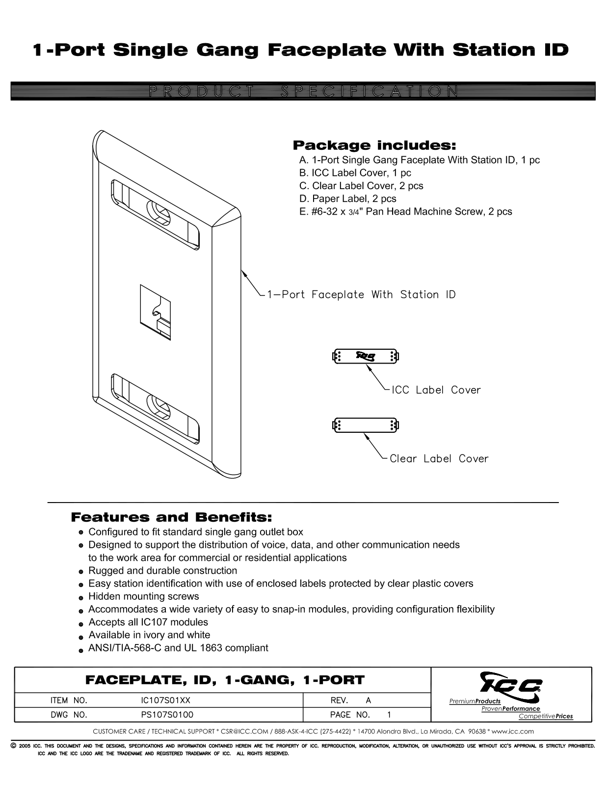 ICC IC107S01IV, IC107S01WH Specsheet