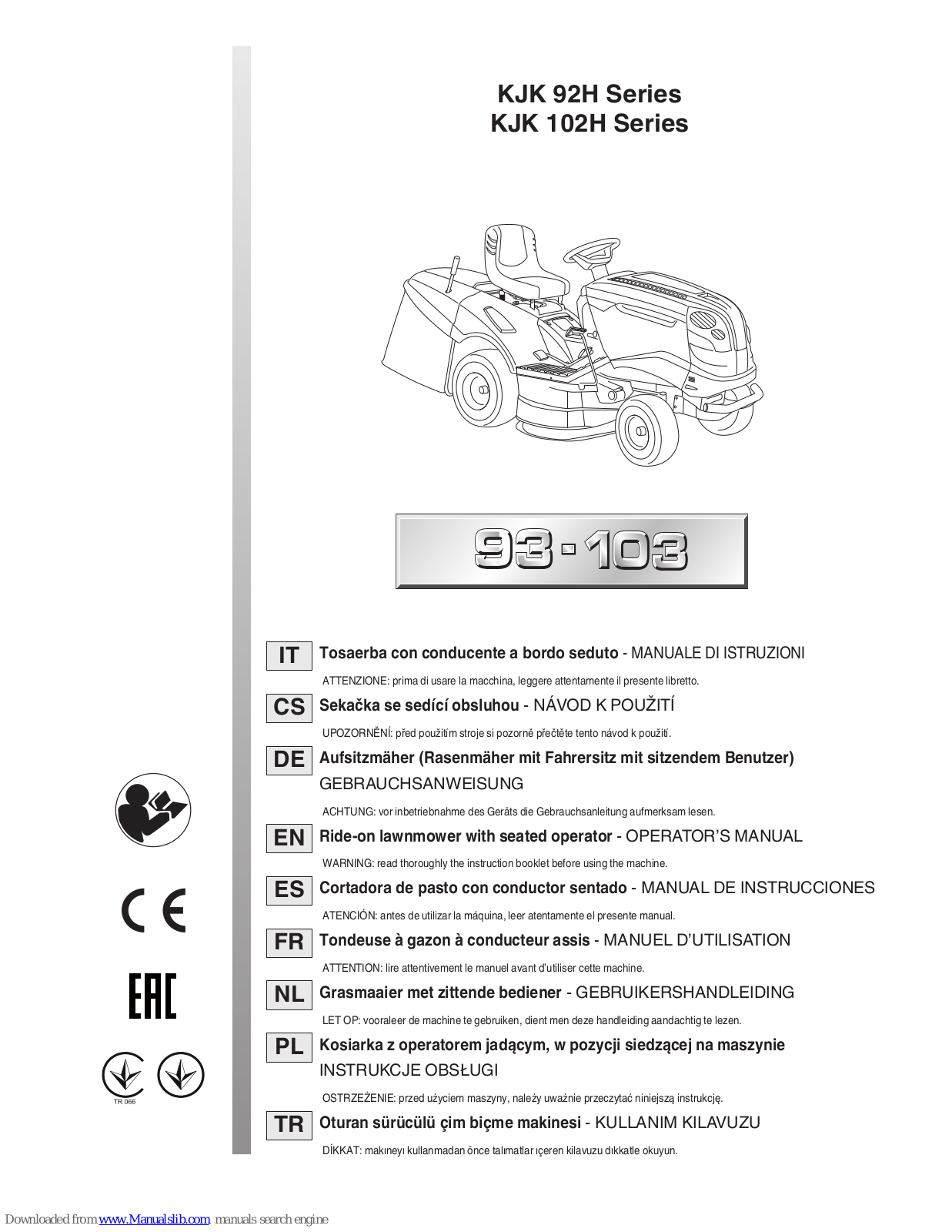 EMAK KJK 92H Series, KJK 102H Series Operator's Manual