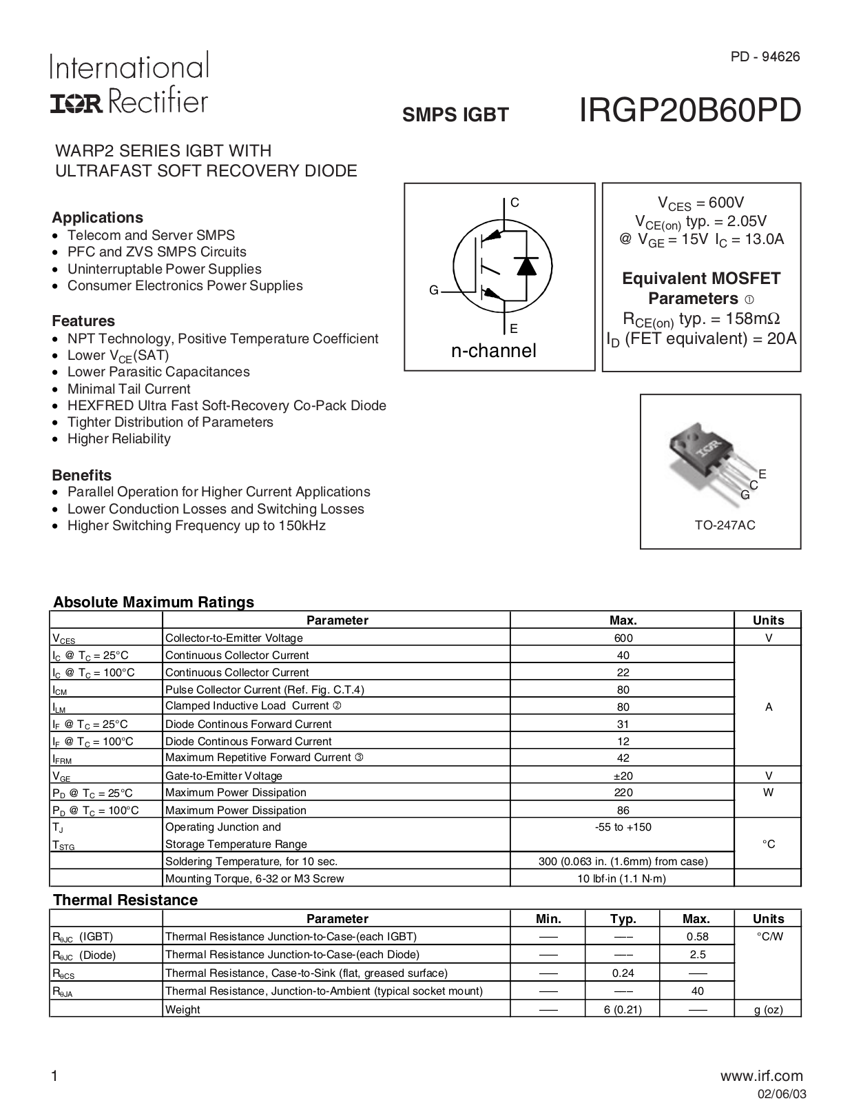 Datasheet irgp20b60pd Datasheet - ManualMachine.com