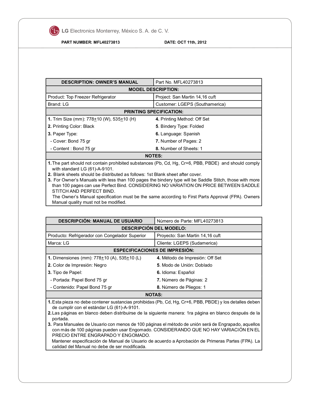 LG GM-S482UWV Owner's Manual