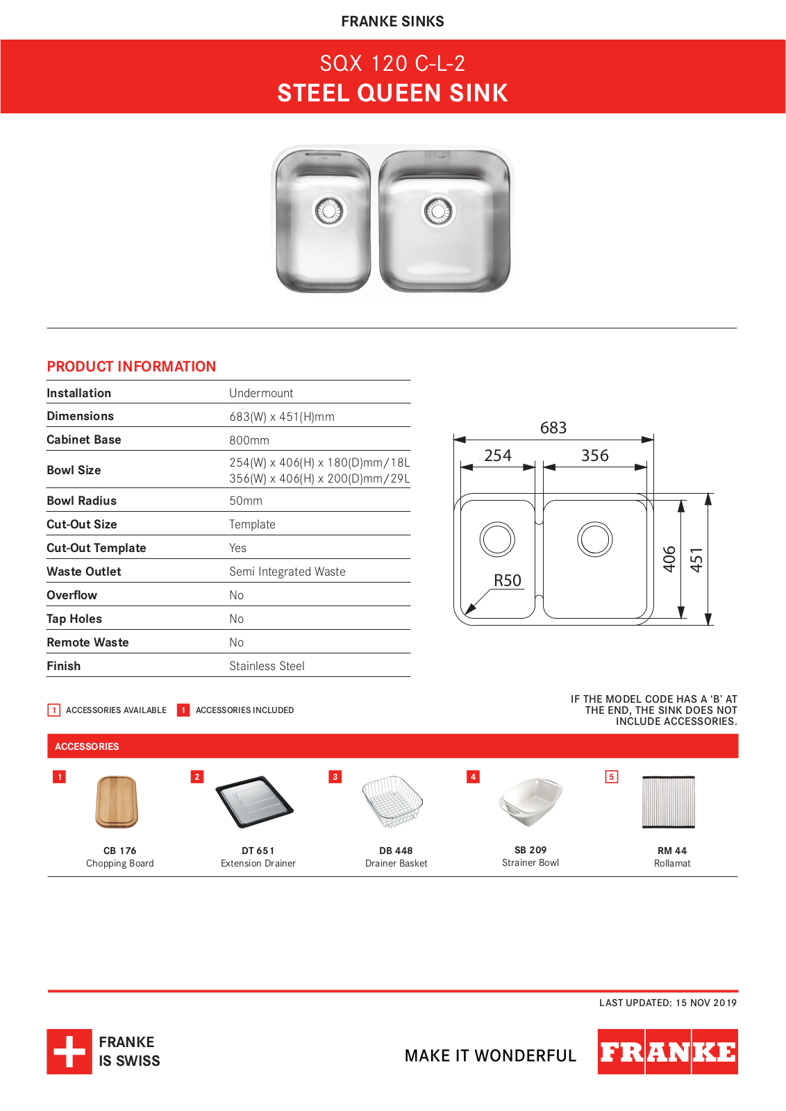 Franke SQX120C-L-2 Specifications Sheet