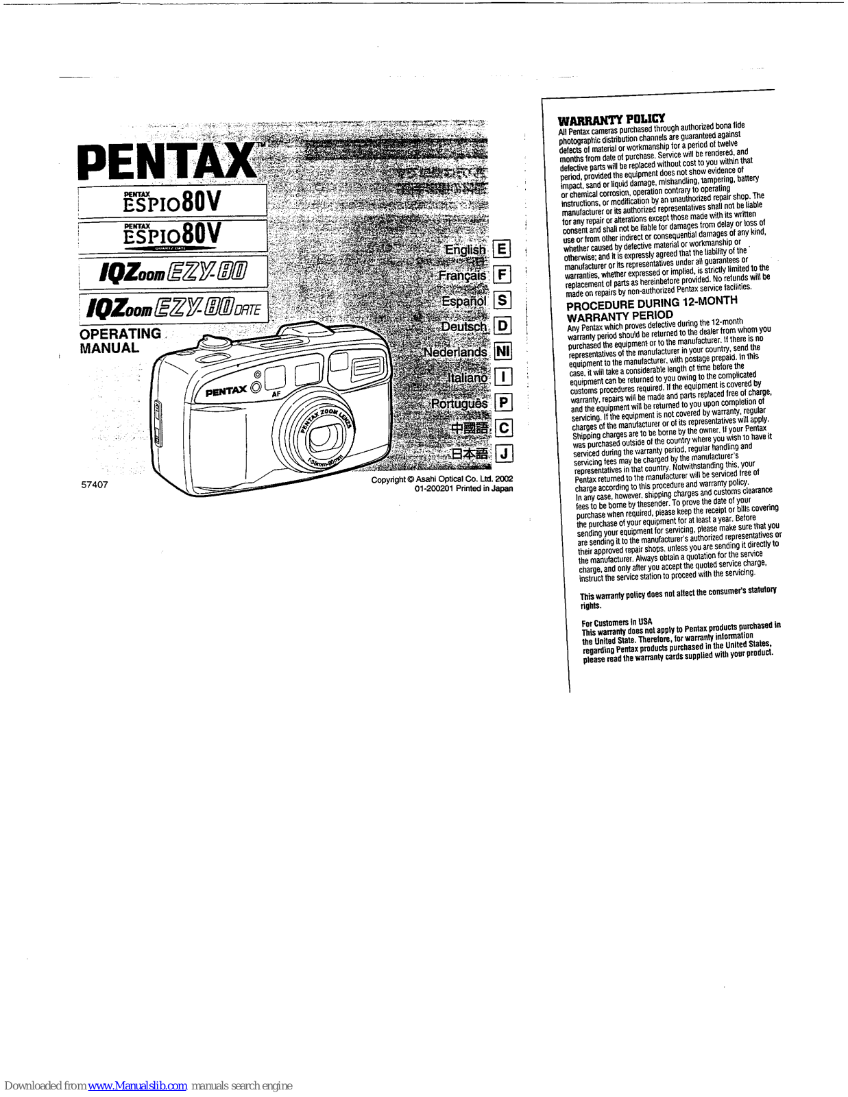 Pentax Espio 80V - EZY 80, Espio 80V, Espio 80V Quartz Date, IQZoom EZY-80 Date Operating Instructions Manual