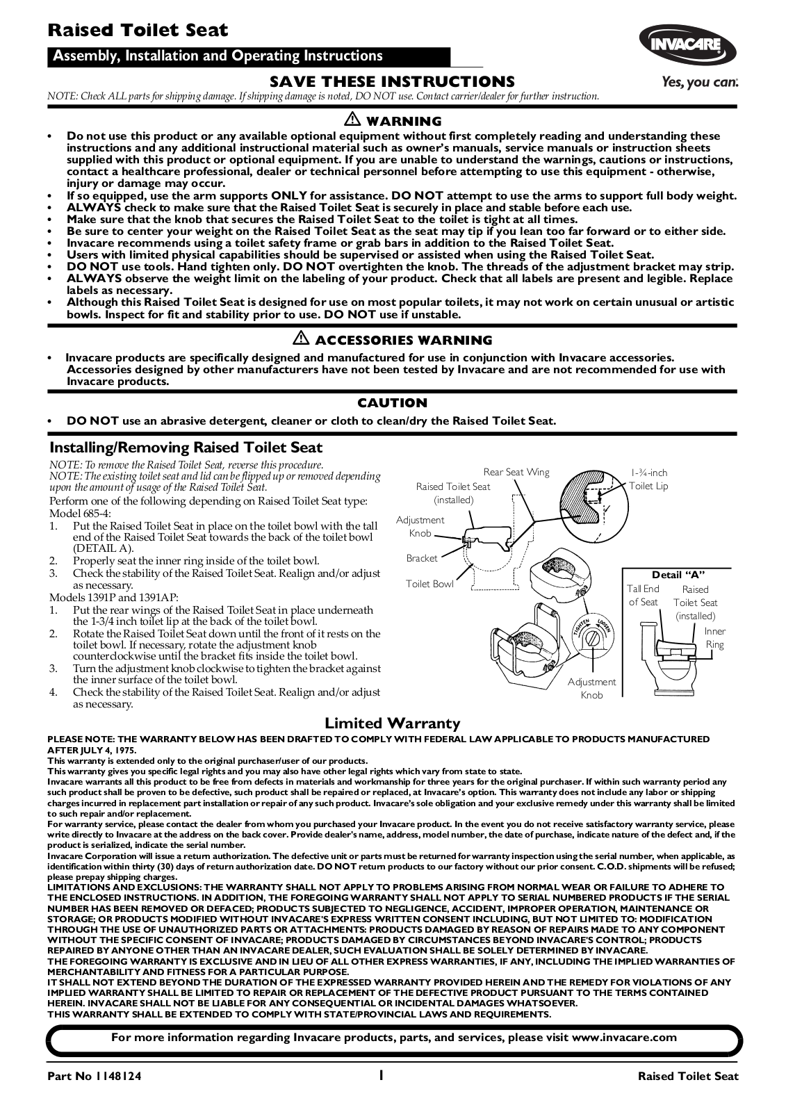 Invacare 1148124 User Manual