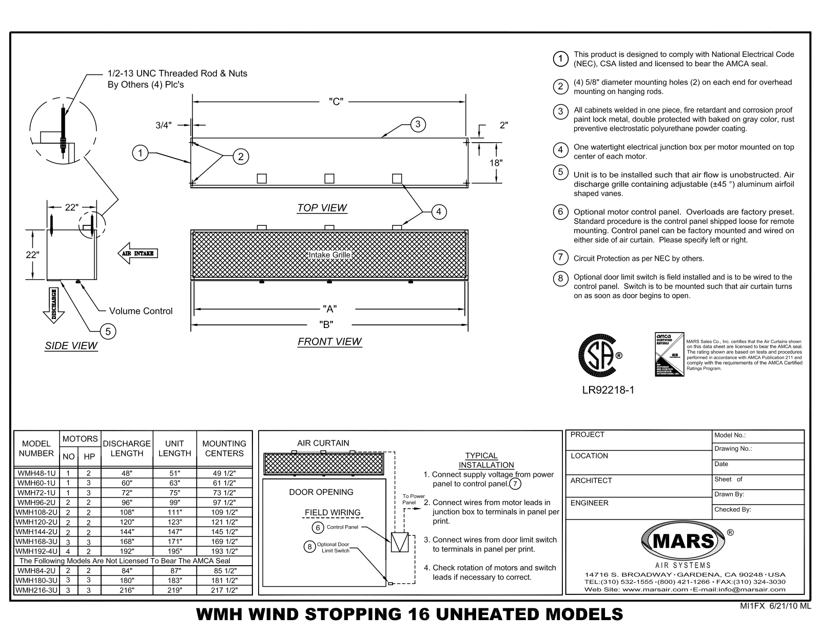 Mars Air WMH108-2U User Manual