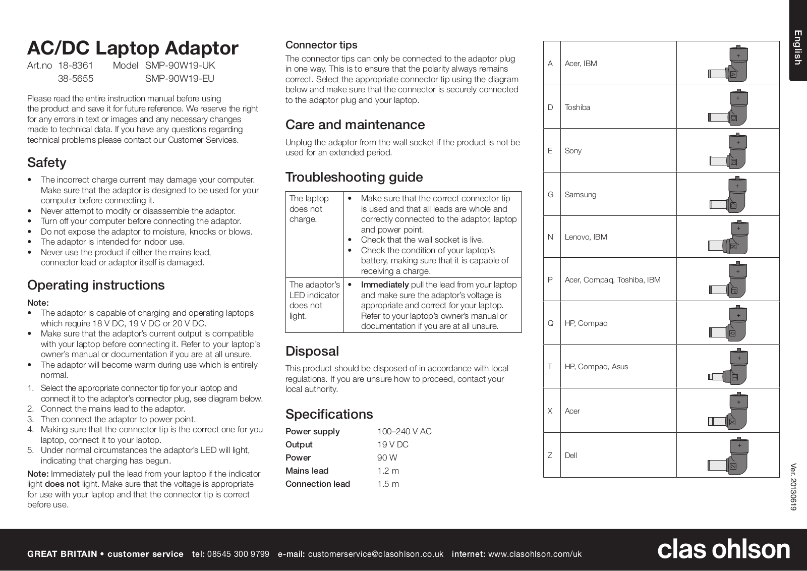 Clas Ohlson SMP-90W19-UK, SMP-90W19-EU Instruction Manual