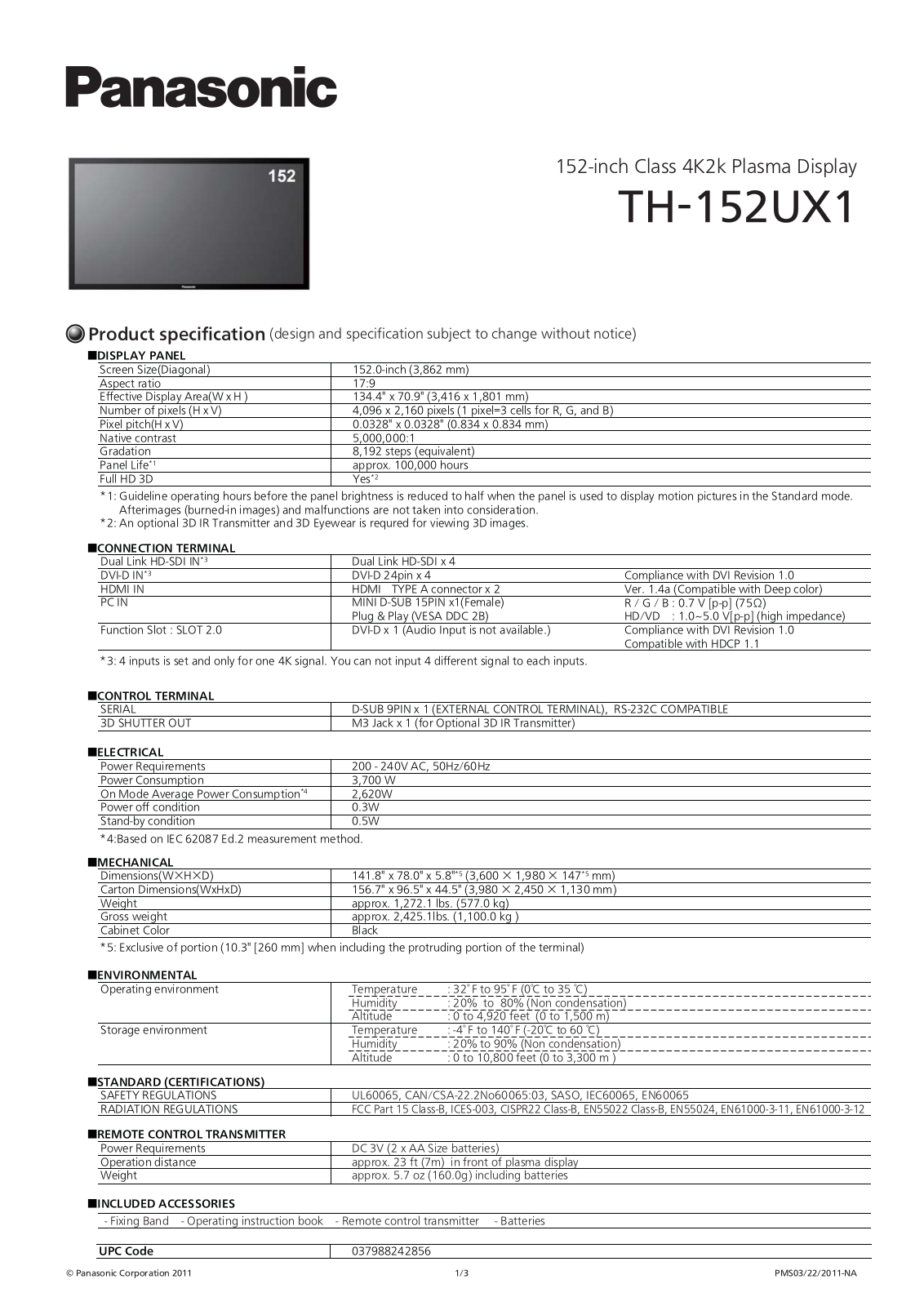 Panasonic TH-152UX1 Specification