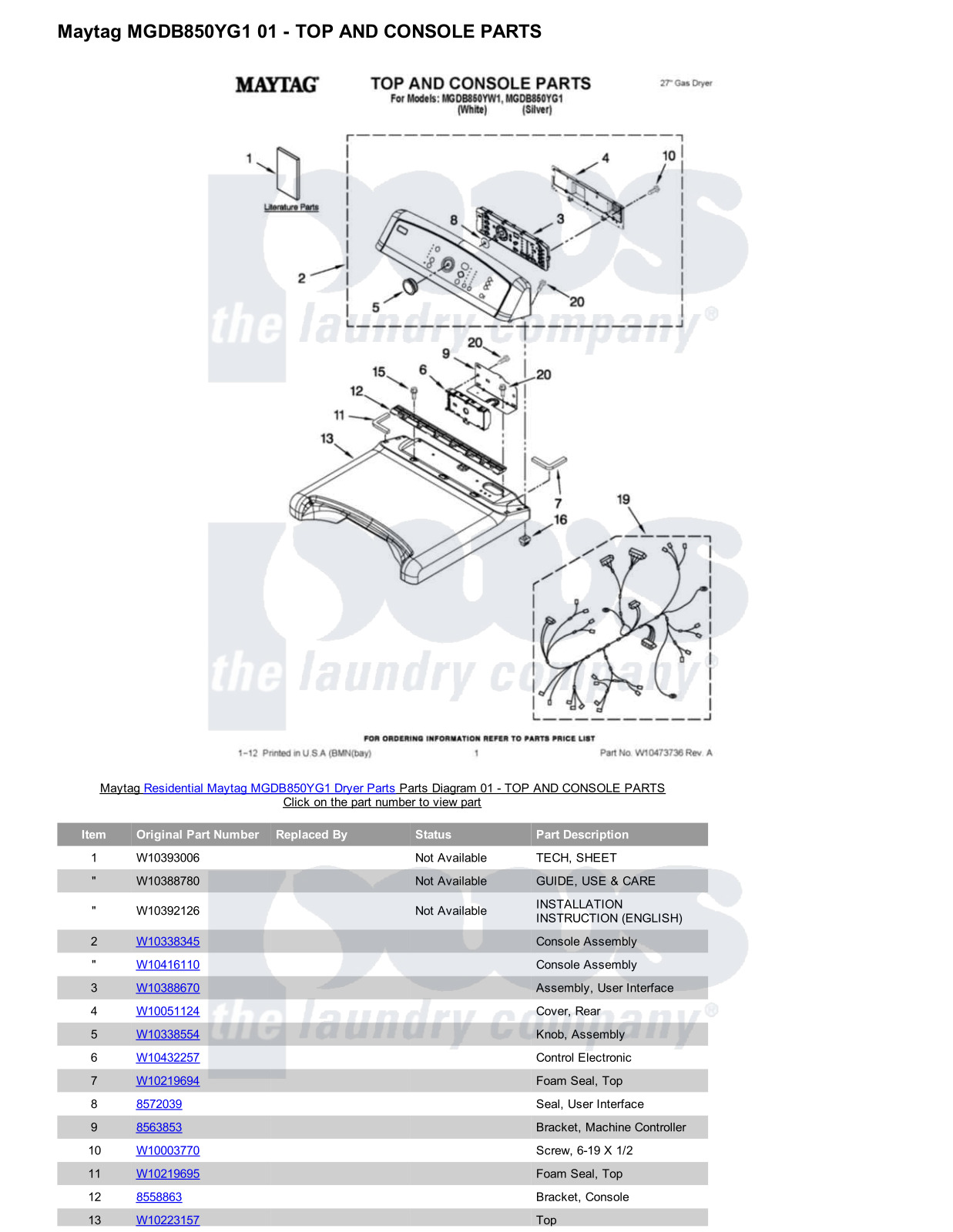 Maytag MGDB850YG1 Parts Diagram