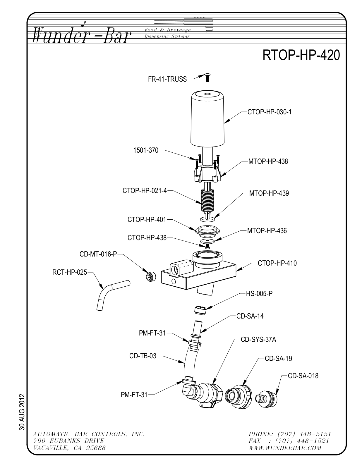 Wunder Bar RTOP-HP-420 Parts List