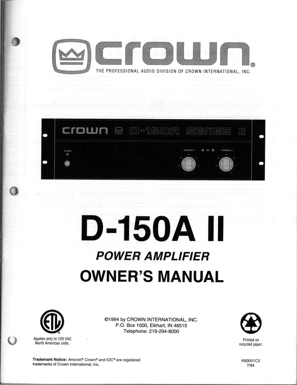 Crown D-150-A Mk2 Owners manual