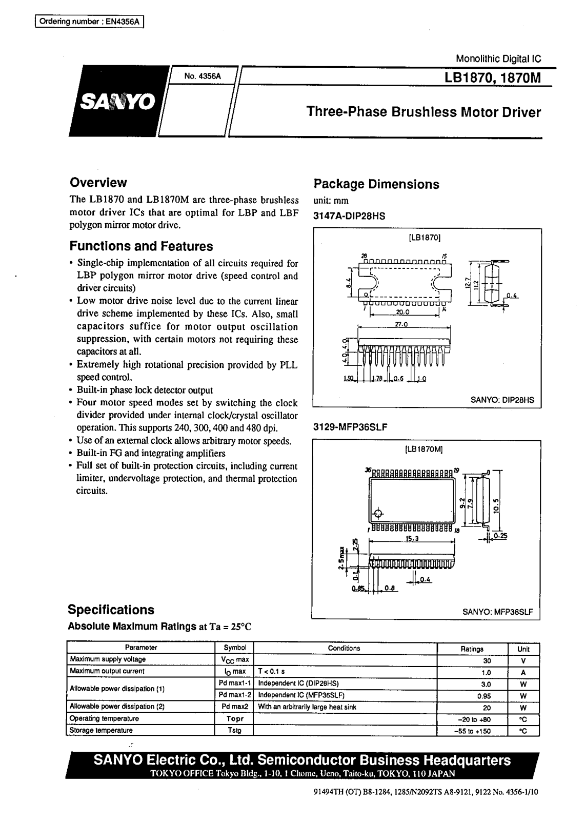 SANYO LB1870M, LB1870 Datasheet