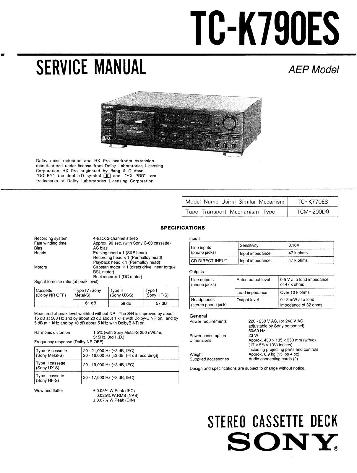 Sony TCK-790-ES Service manual