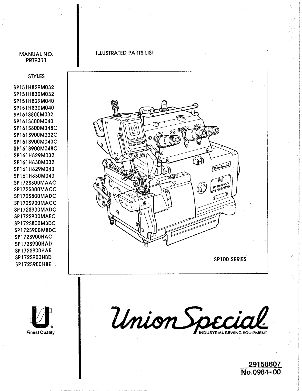 Union Special SP151H829M032, SP151H829M040, SP151H830M032, SP151H830M040, SP161H829M032 Parts List