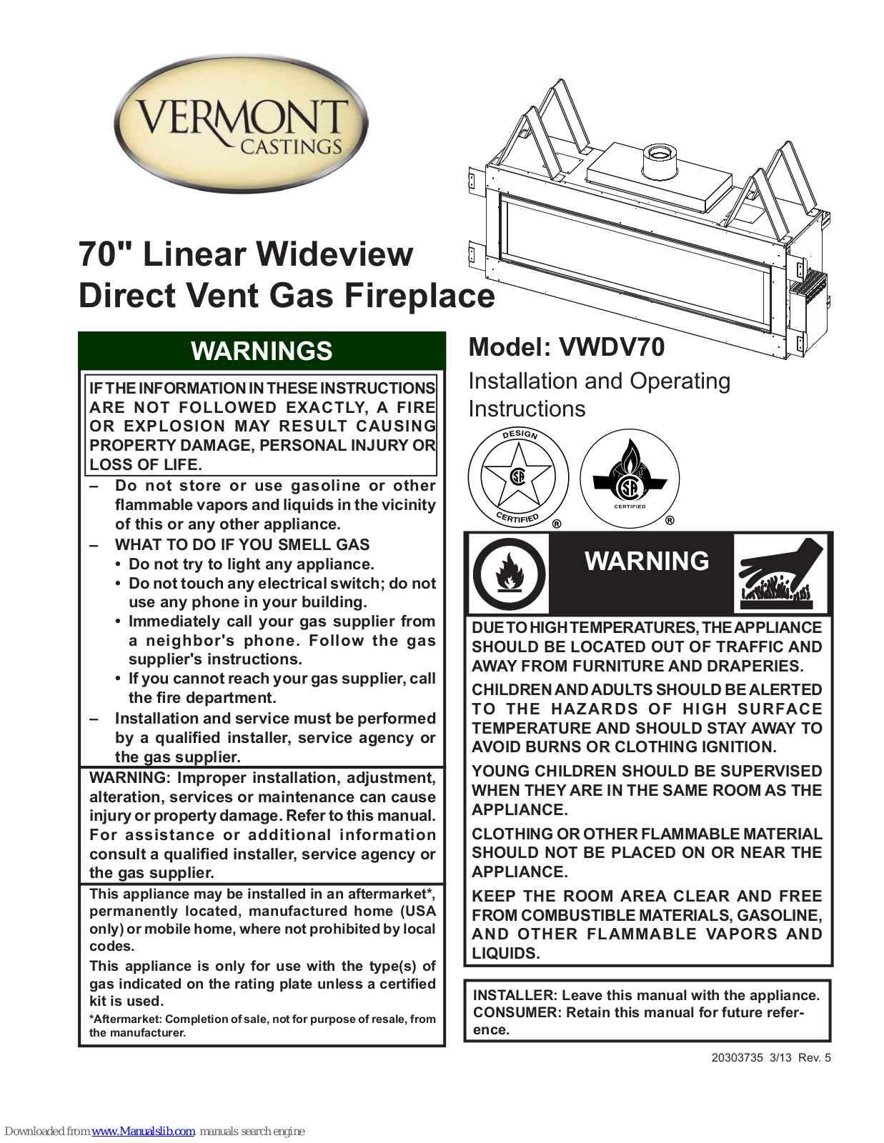 Vermont Castings VWDV70 Installation And Operating Instructions Manual