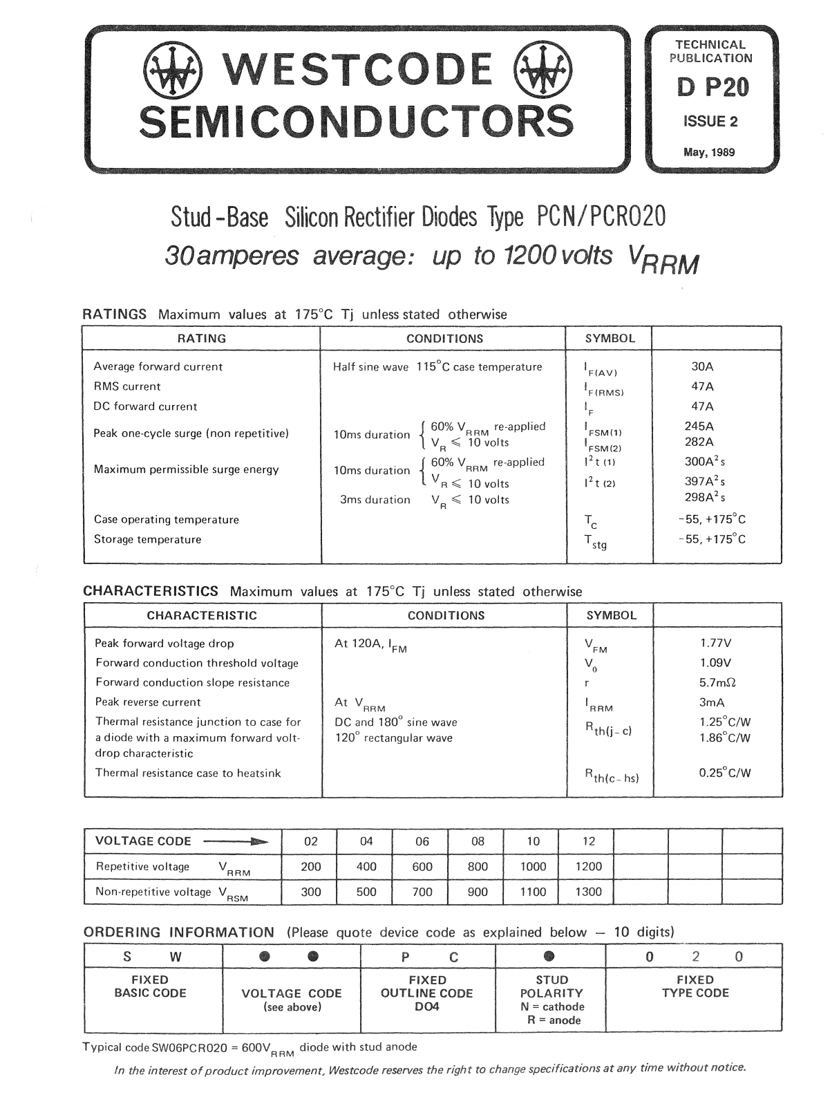 Datasheet DP20 Datasheet (Westcode Semiconductors) - ManualMachine.com