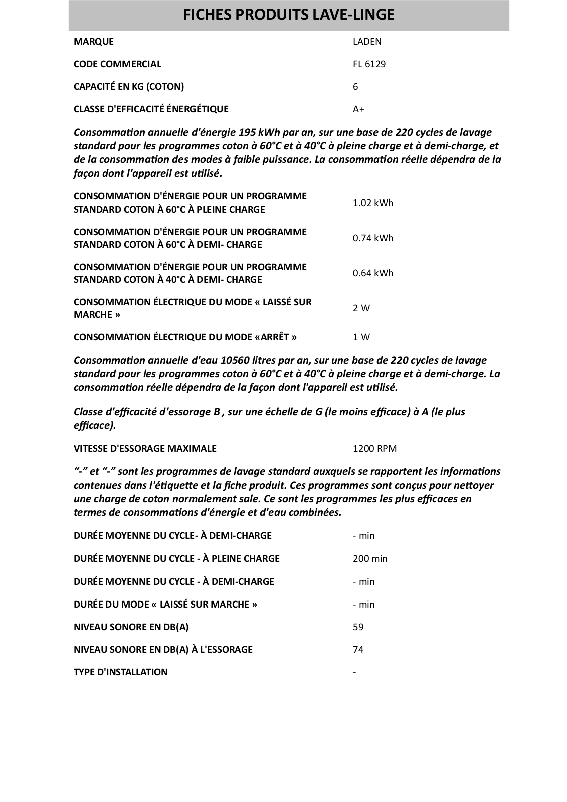 Whirlpool FL 6129 Product sheet