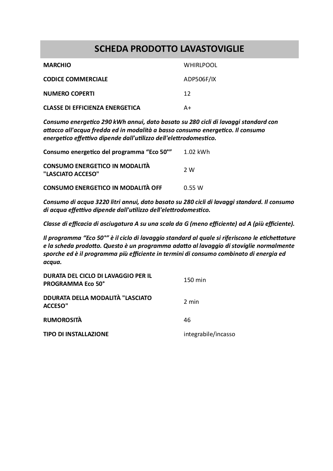 Whirlpool ADP506F/IX PRODUCT SHEET