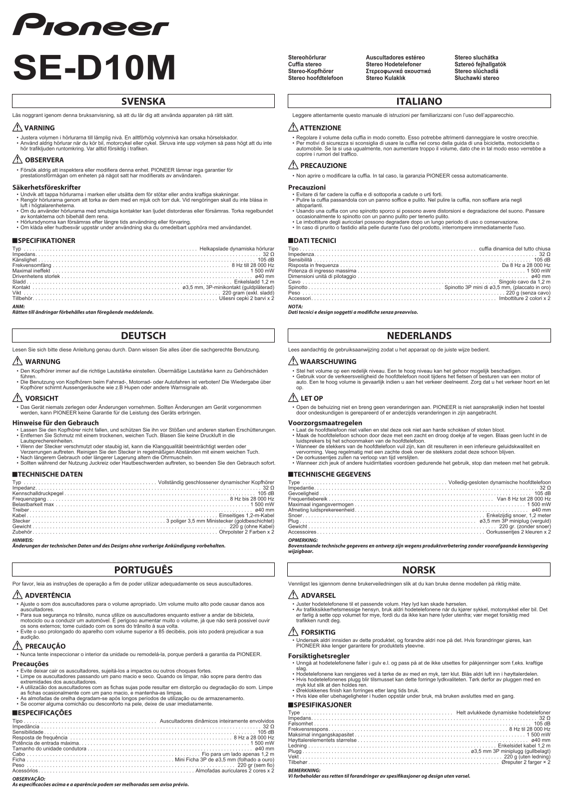 PIONEER SE-D10M-W User Manual