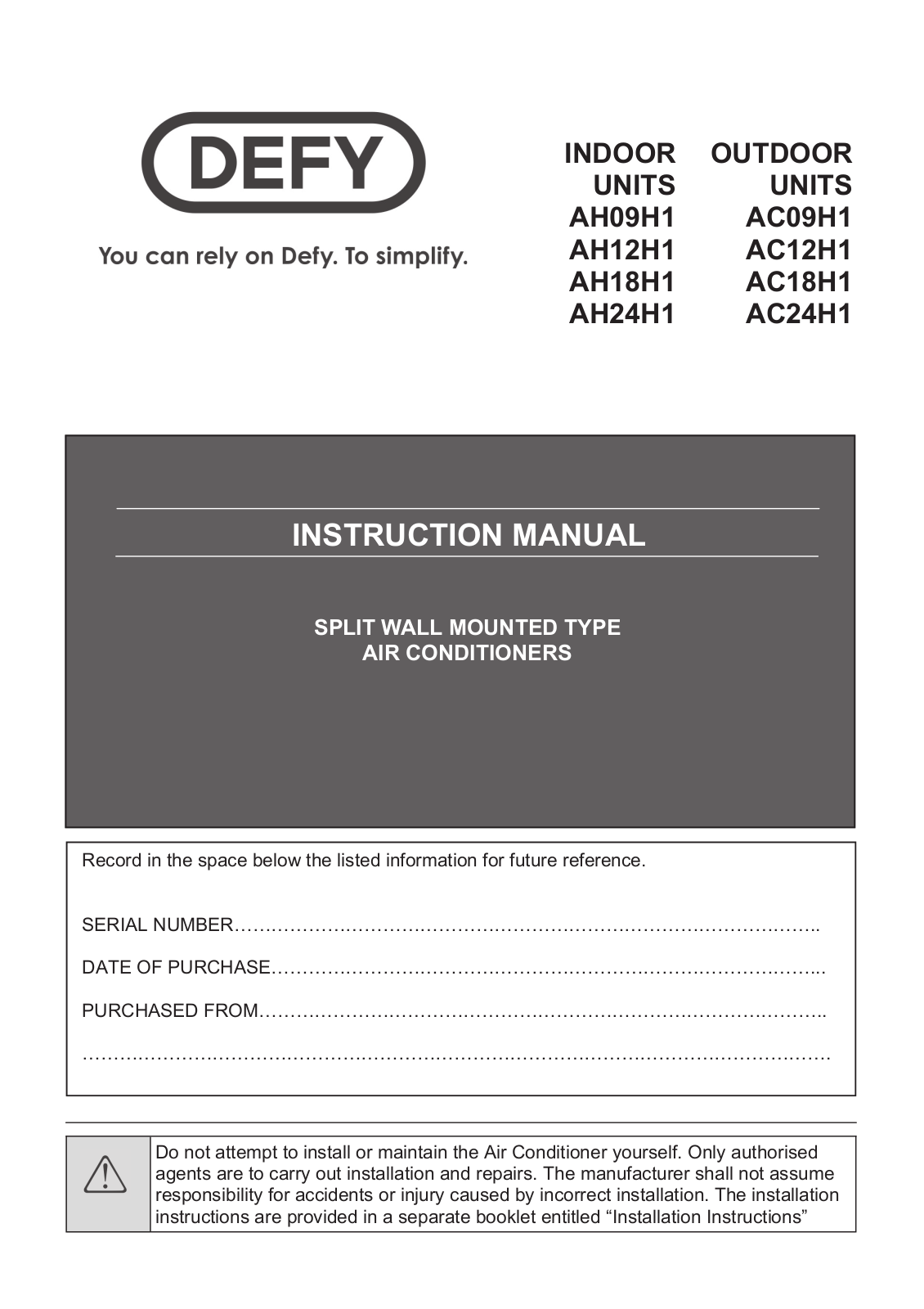 Defy AC12H1, AC18H1, AC09H1, AH12H1, AH09H1 User Manual