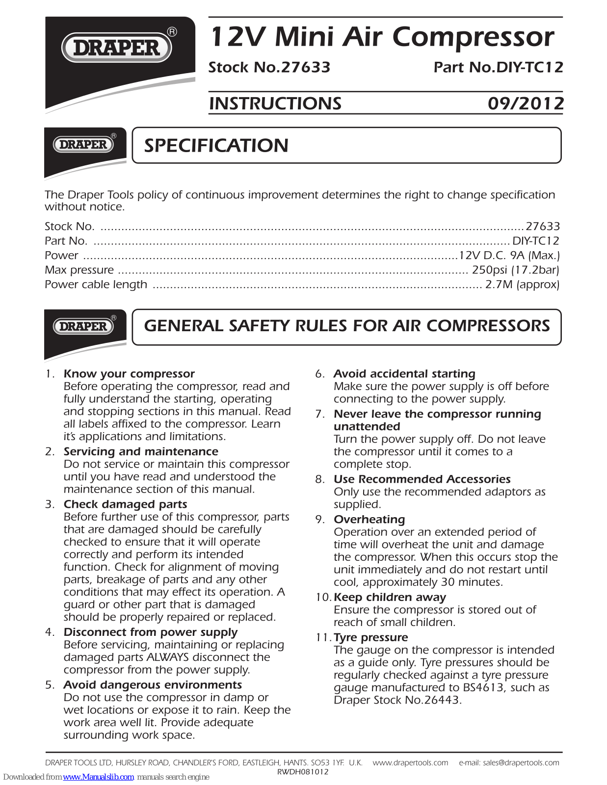 Draper 27633 Instructions Manual - ManualMachine.com