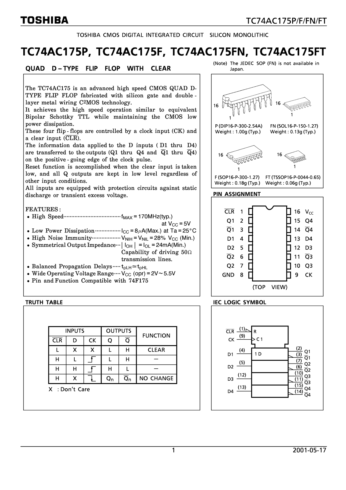 TOSHIBA TC74AC175P, TC74AC175F, TC74AC175FN, TC74AC175FT Technical data