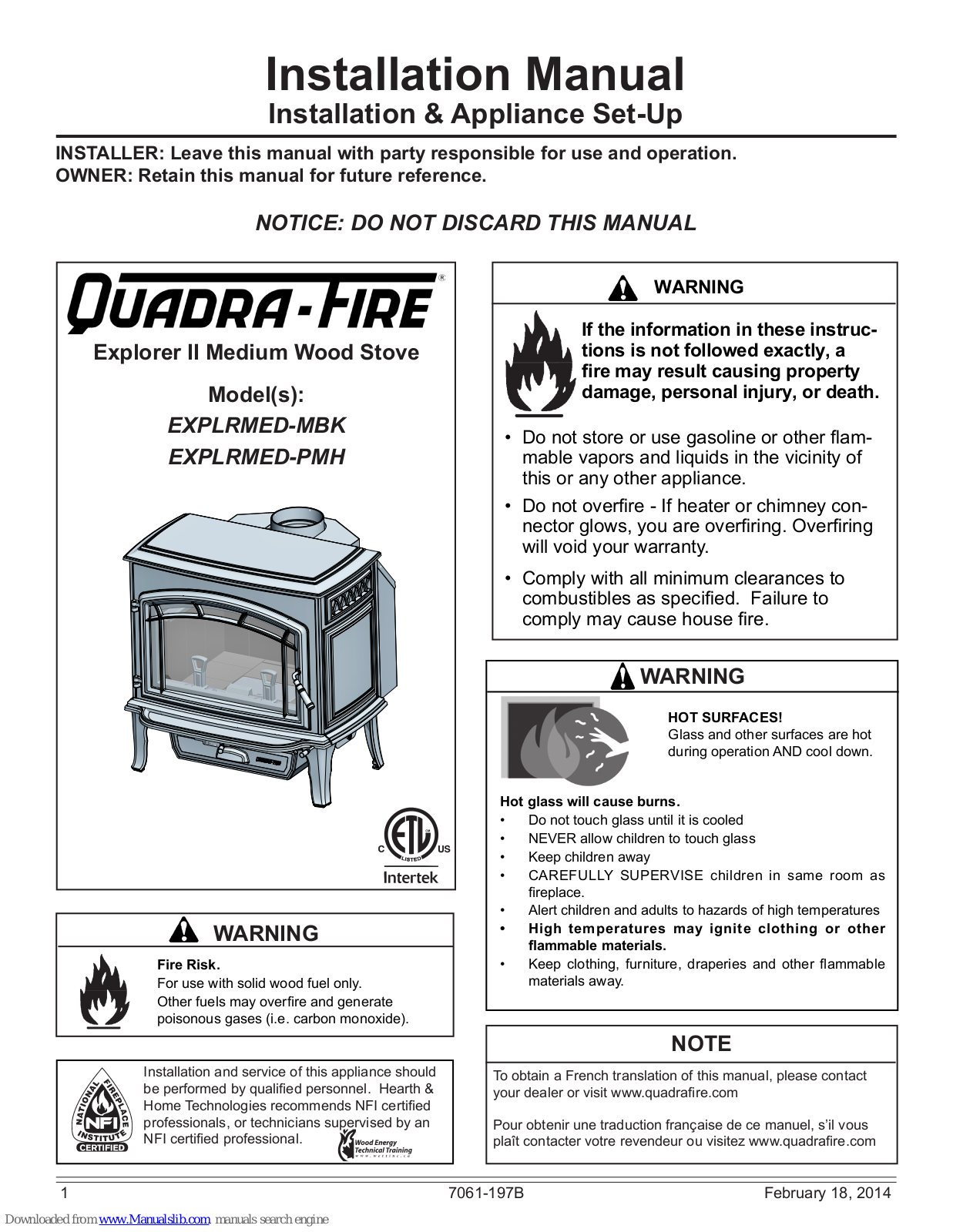 Quadra-Fire Explorer II Medium EXPLRMED-MBK, Explorer II Medium EXPLRMED-PMH Installation Manual