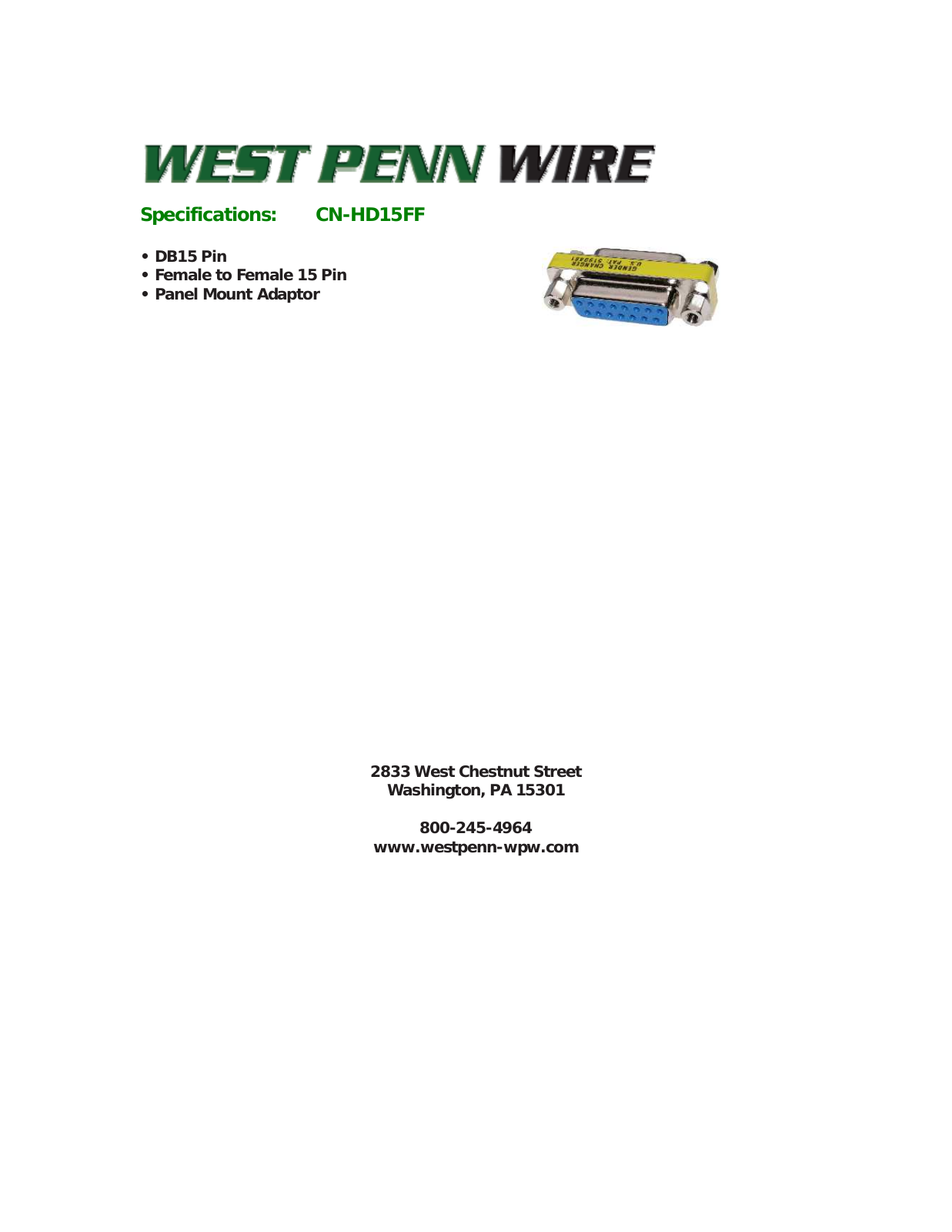 West Penn CN-HD15FF Specsheet