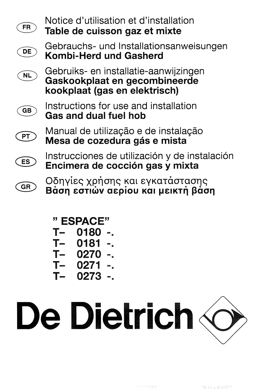 De dietrich TM0270E1, TM0273E1N, TM0270E1N, TM0273E1, TM0180E1N User Manual