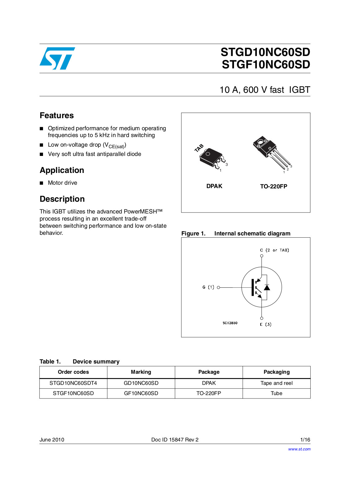 Datasheet STGF10NC60SD Specification - ManualMachine.com