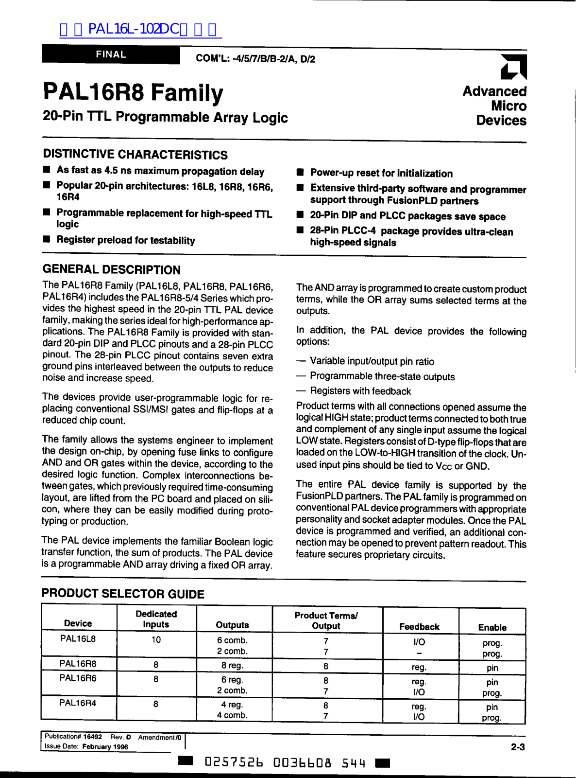 ADVANCED Micro devices PAL16R8 Service Manual