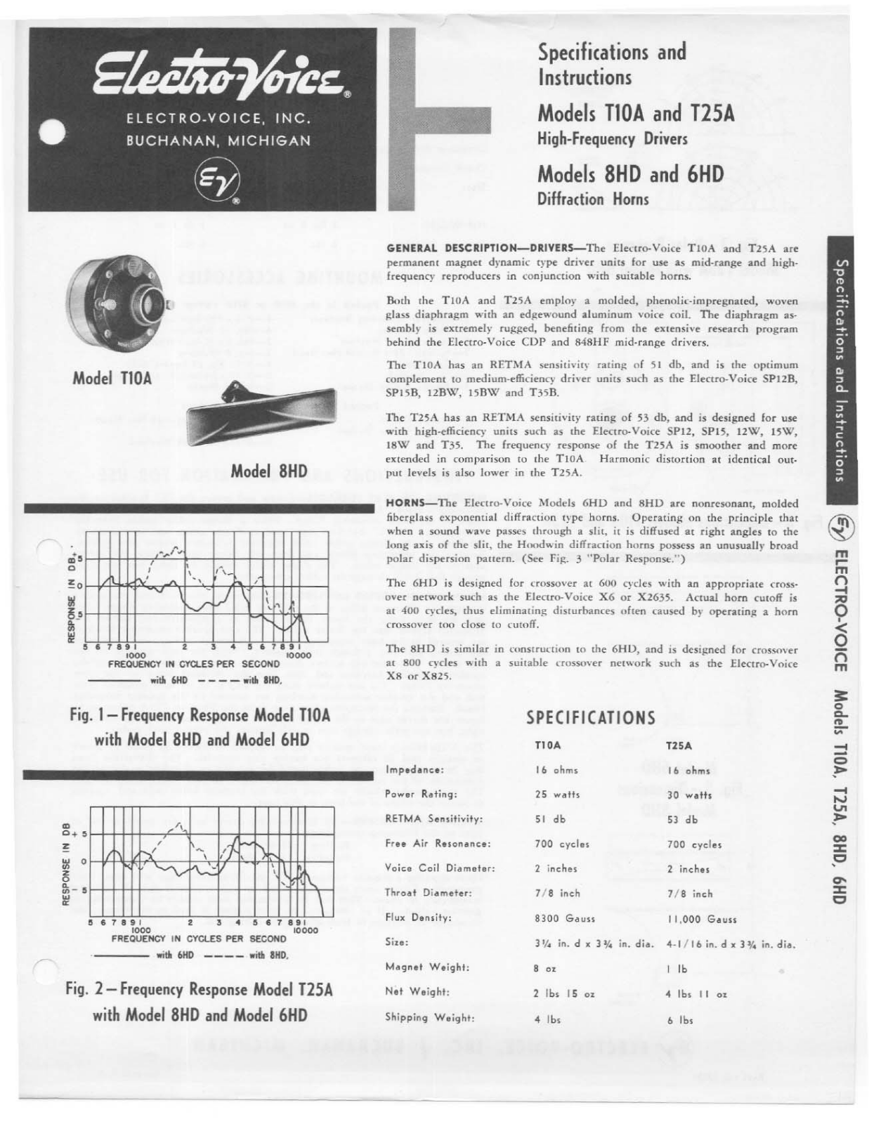 Electro-voice 6HD, T25A, T10A, 8HD SPECIFICATIONS AND INSTRUCTIONS