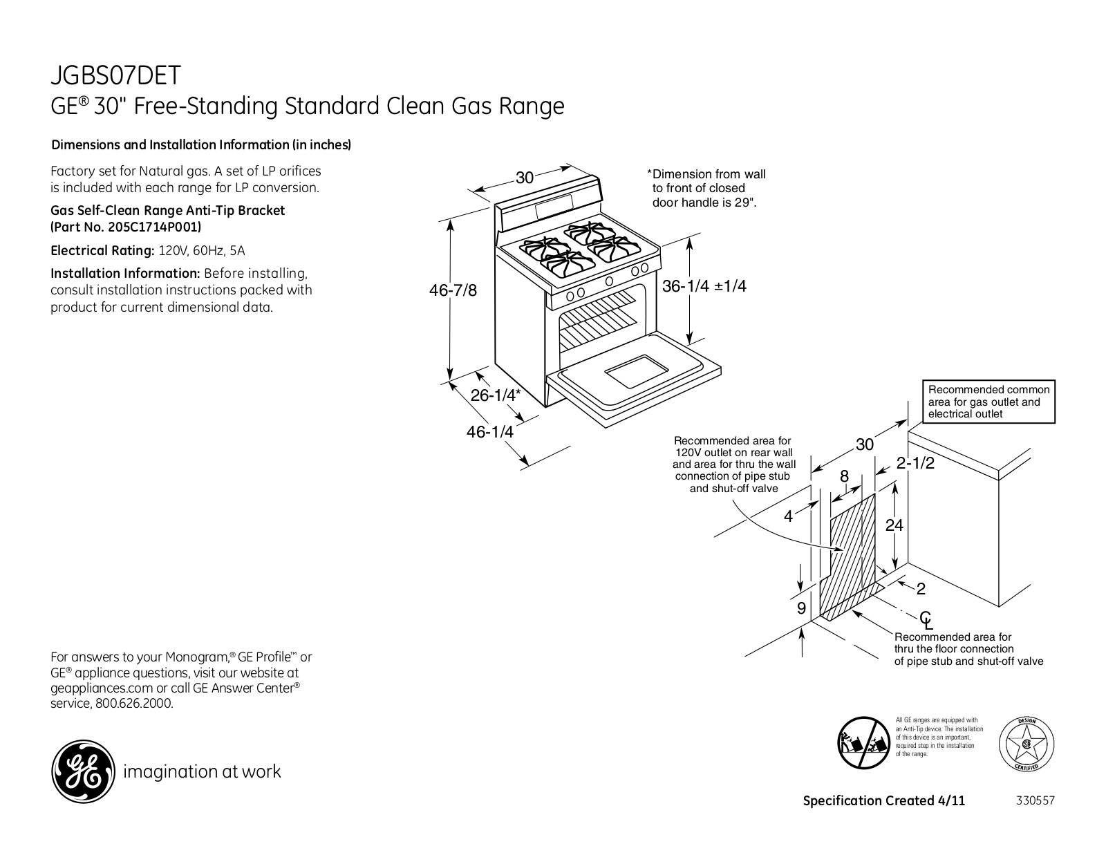 GE JGBS07DET Specification