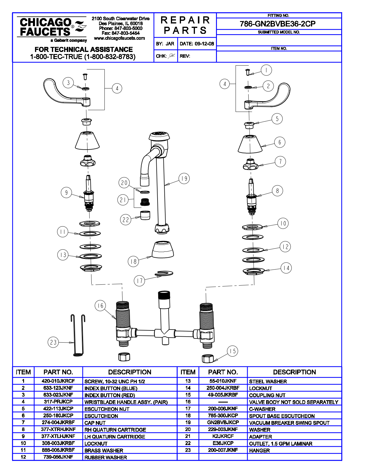 Chicago Faucet 786-GN2BVBE36-2CP Parts List