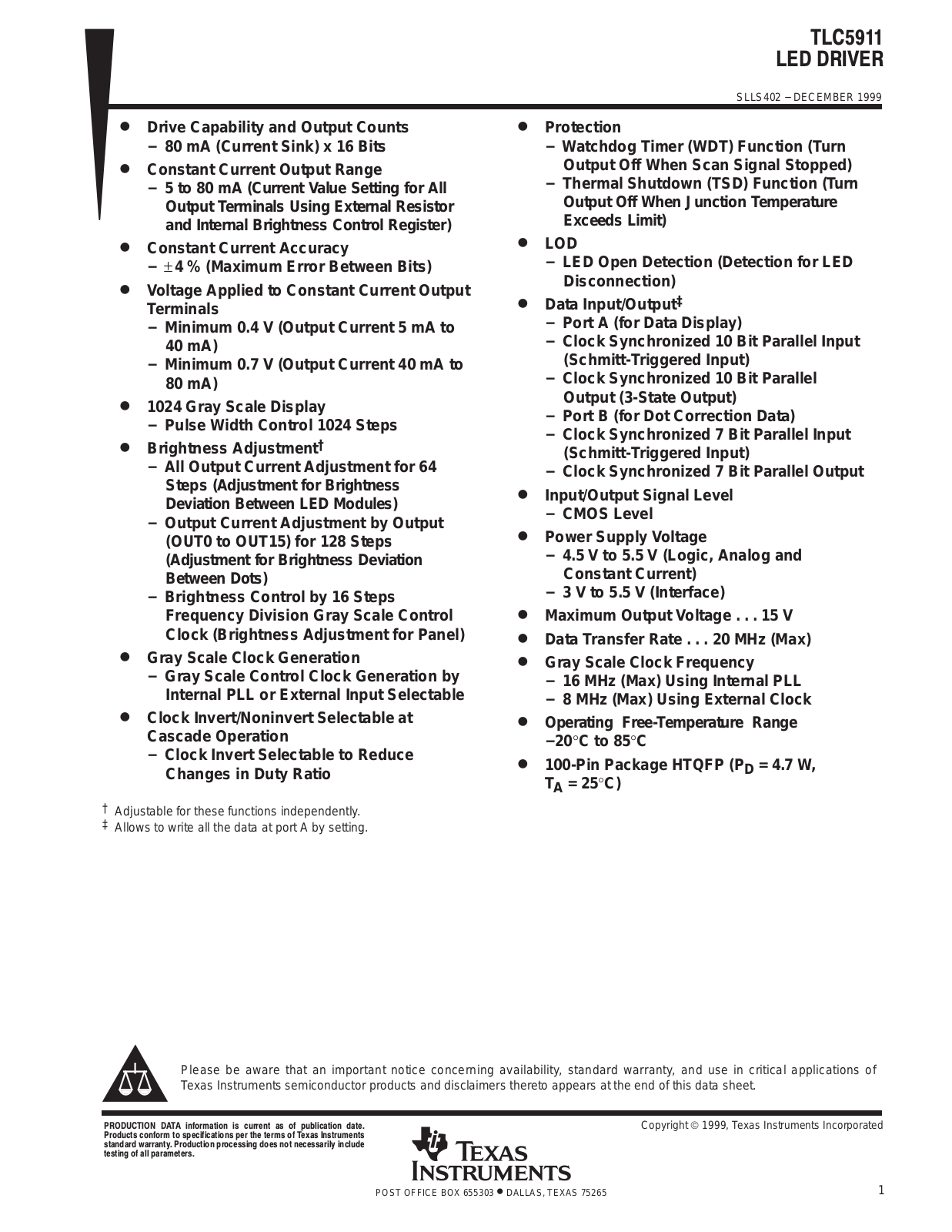 TEXAS INSTRUMENTS TLC5911 Technical data