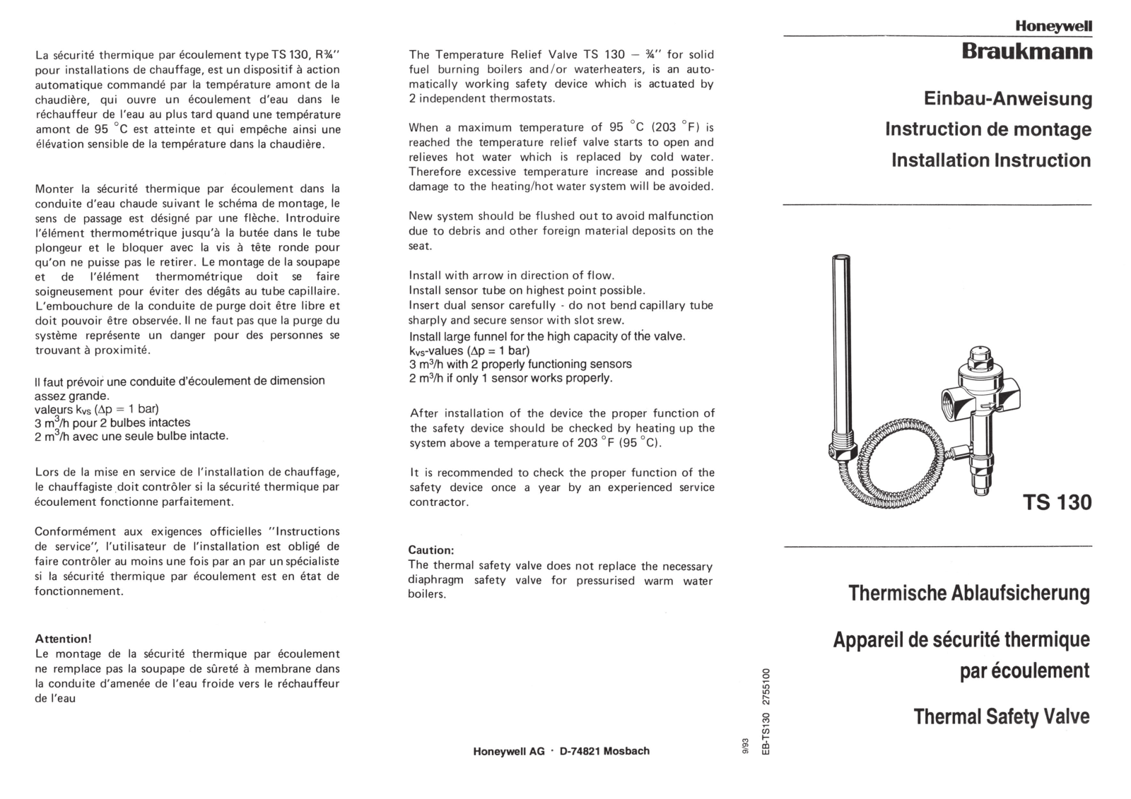 Honeywell TS 130 Installation Instructions