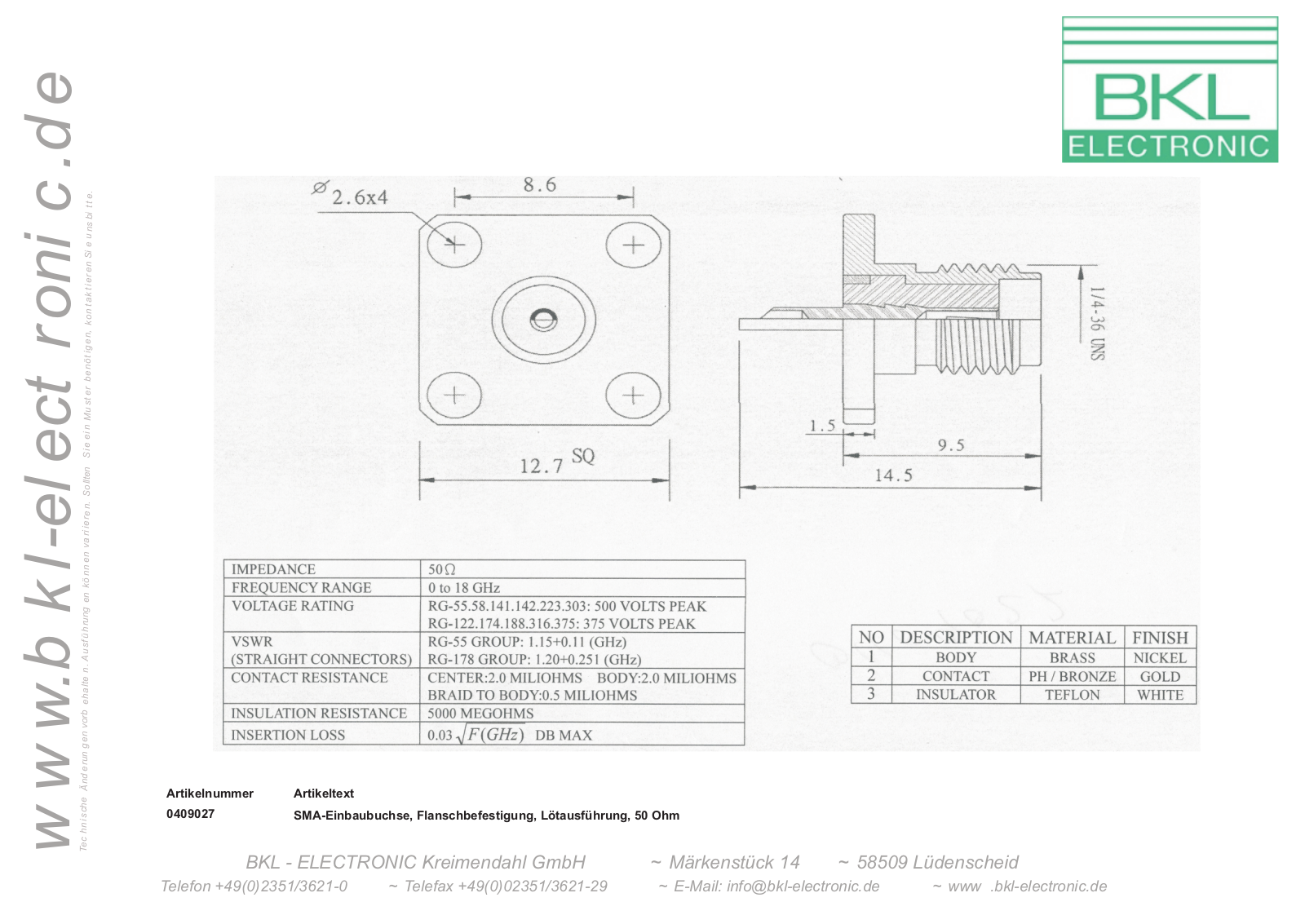 BKL SMA BU F Datasheet - ManualMachine.com