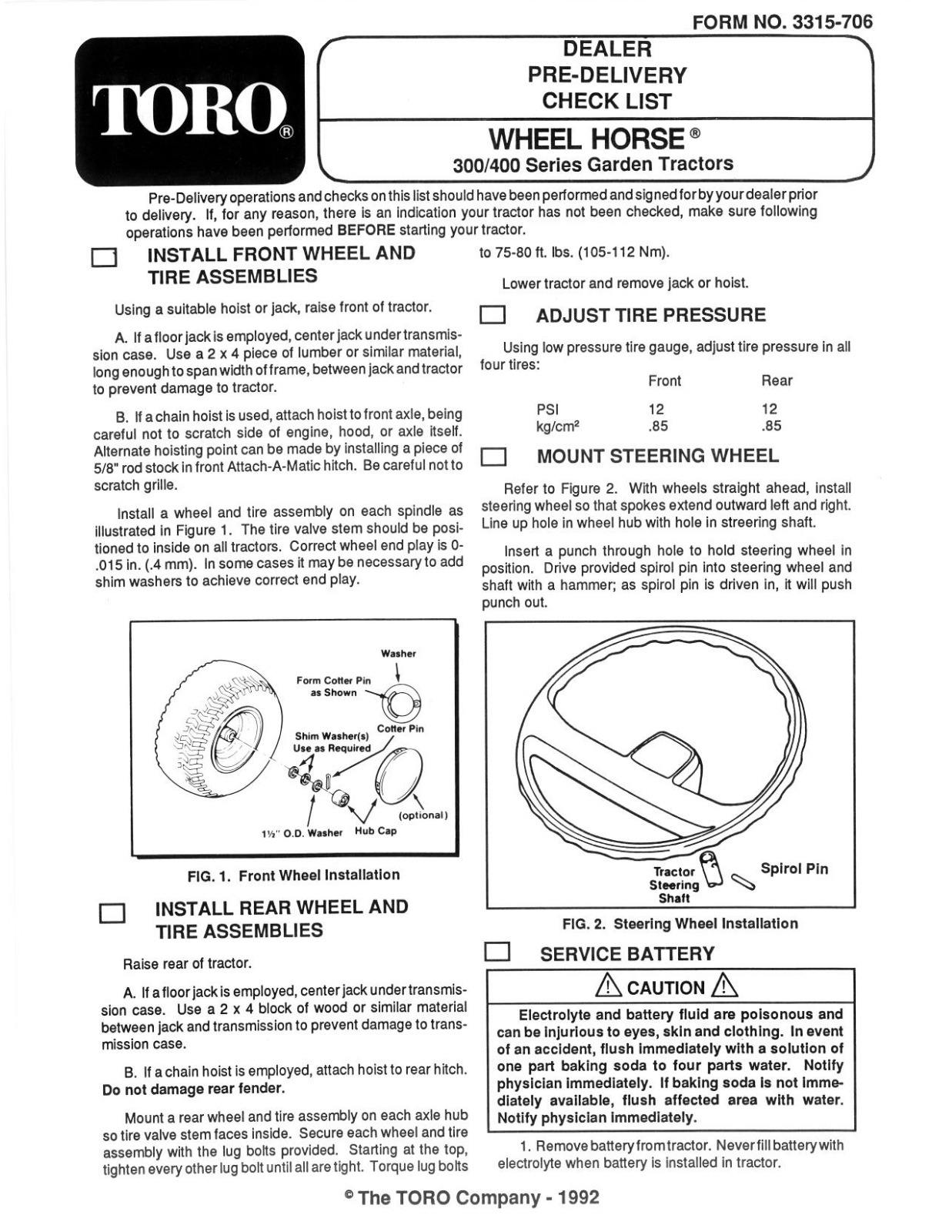 Toro 73320, 73362, 73380, 73400, 73401 Delivery Checklist