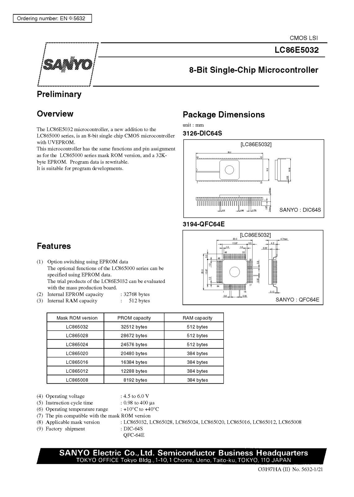 SANYO LC86E5032 Datasheet