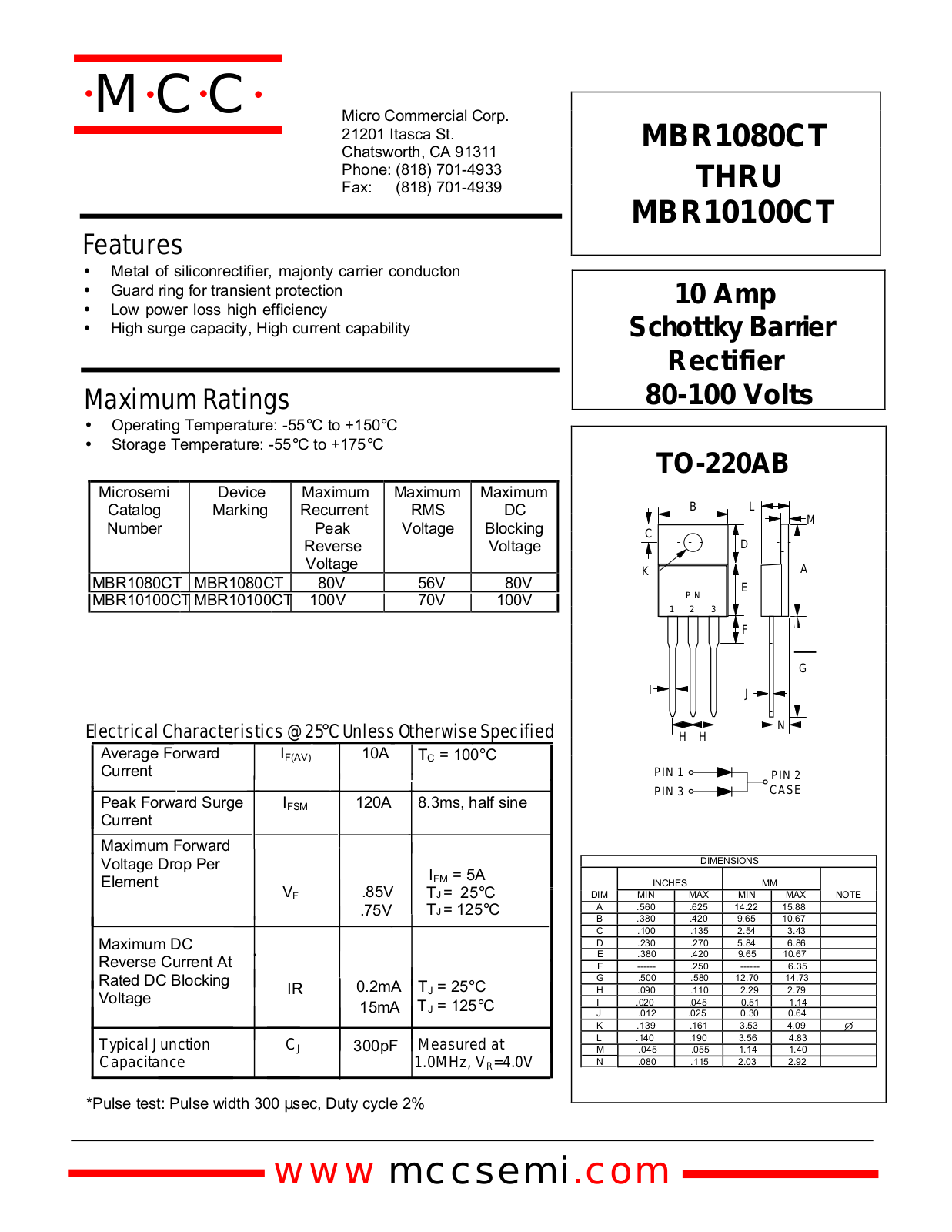 Micro Commercial Components MBR1080CT, MBR1010CT Technical data