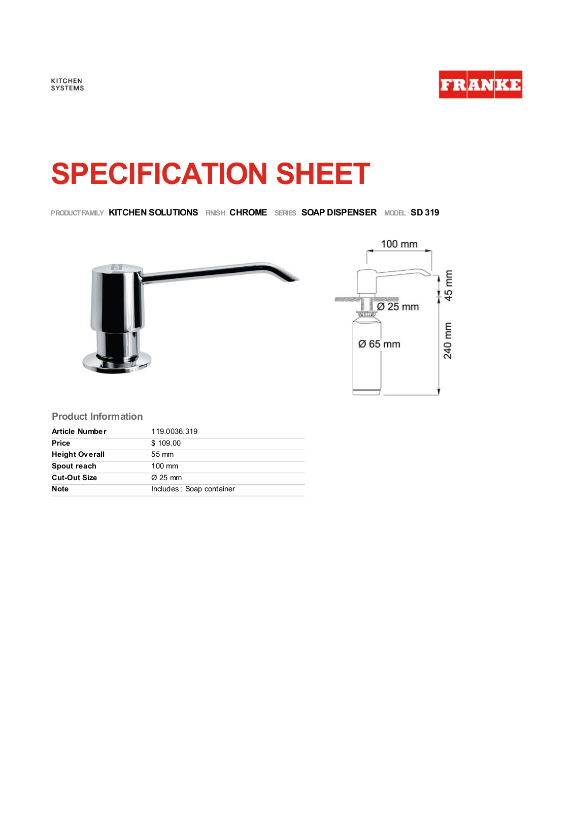 Franke Foodservice SD 319 User Manual