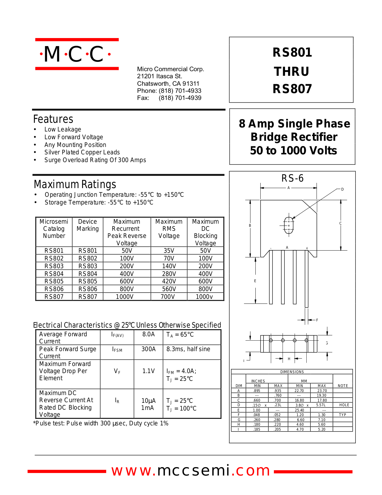 MCC RS804, RS802, RS803, RS801, RS805 Datasheet