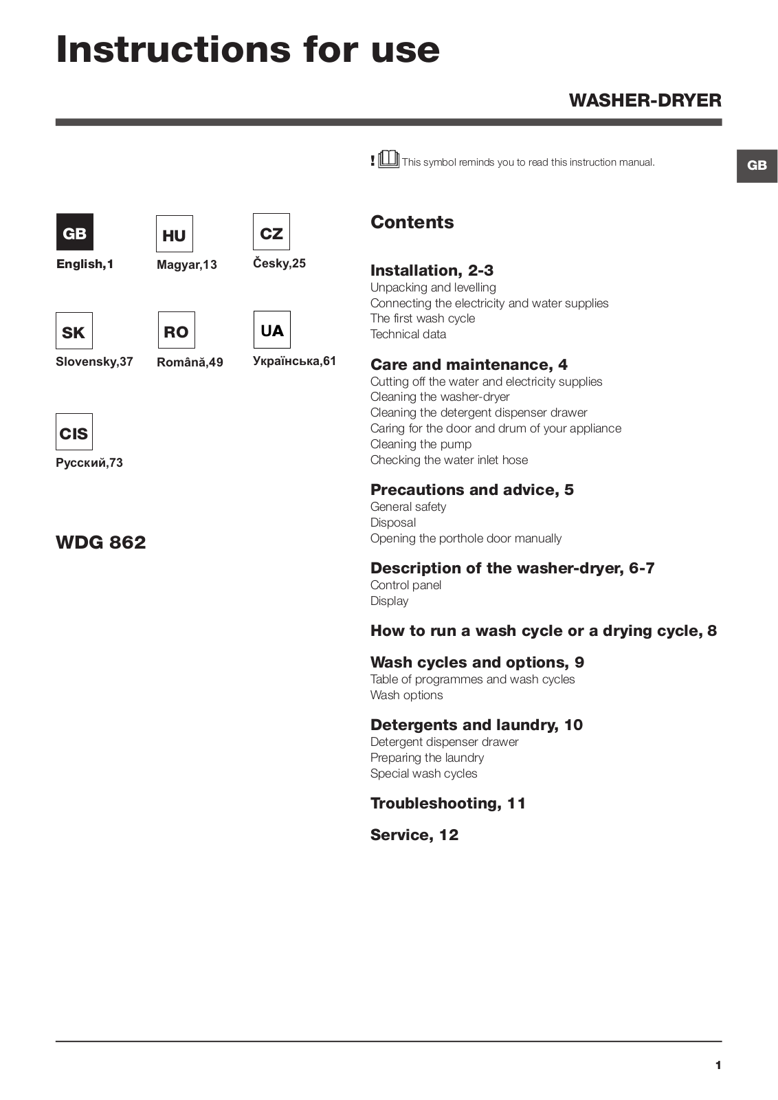 Hotpoint-ariston WDG 862 User Manual