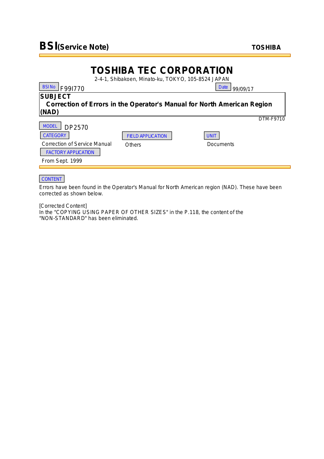 Toshiba f99i770 Service Note