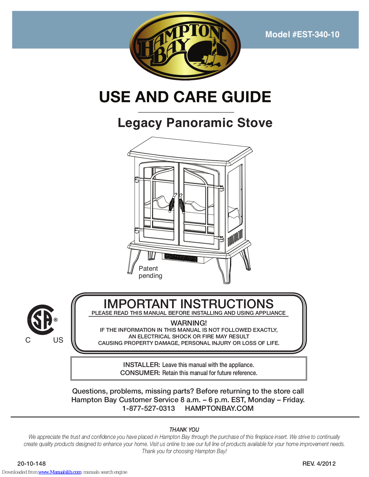 HAMPTON BAY Legacy EST-340-10 Use And Care Manual