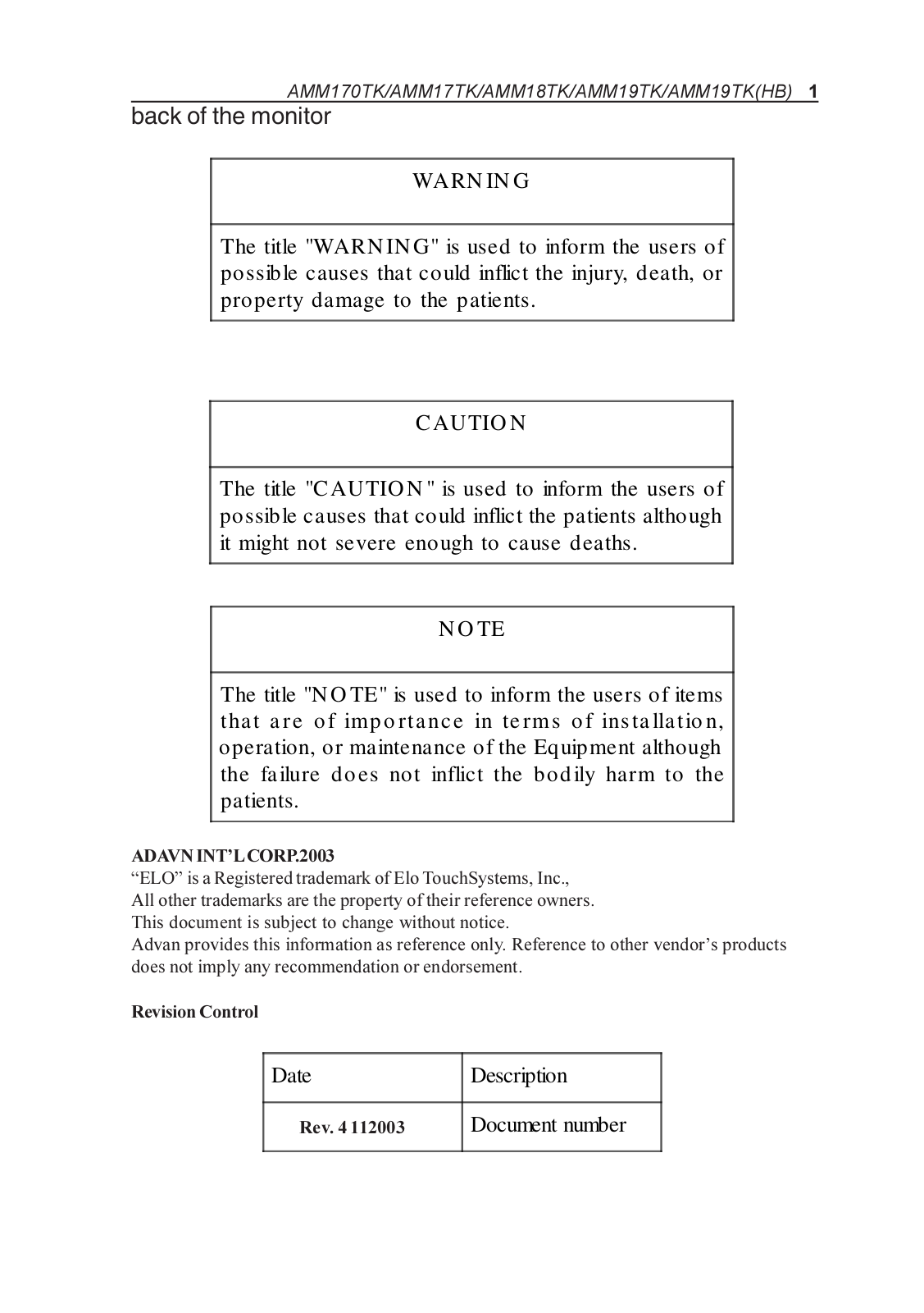 Elo TouchSystems AMM17TK, AMM19TK, AMM170TK, AMM18TK User Manual