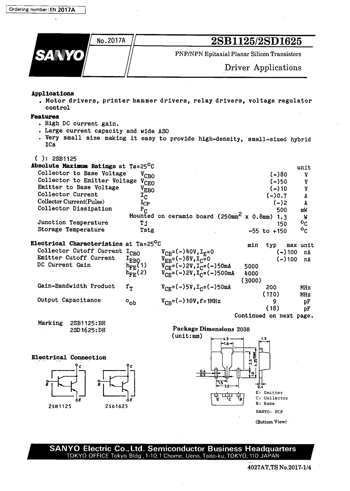 SANYO 2SD1625, 2SB1125 Datasheet