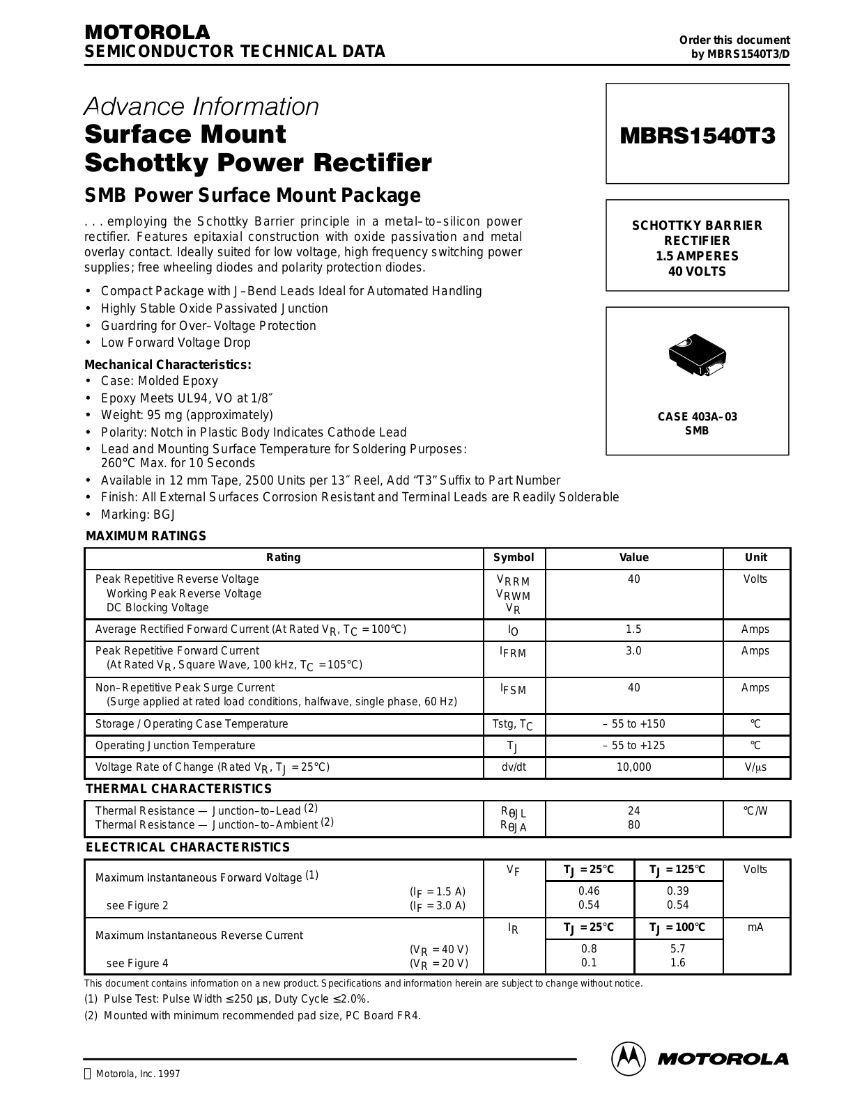 Motorola MBRS1540T3 Datasheet